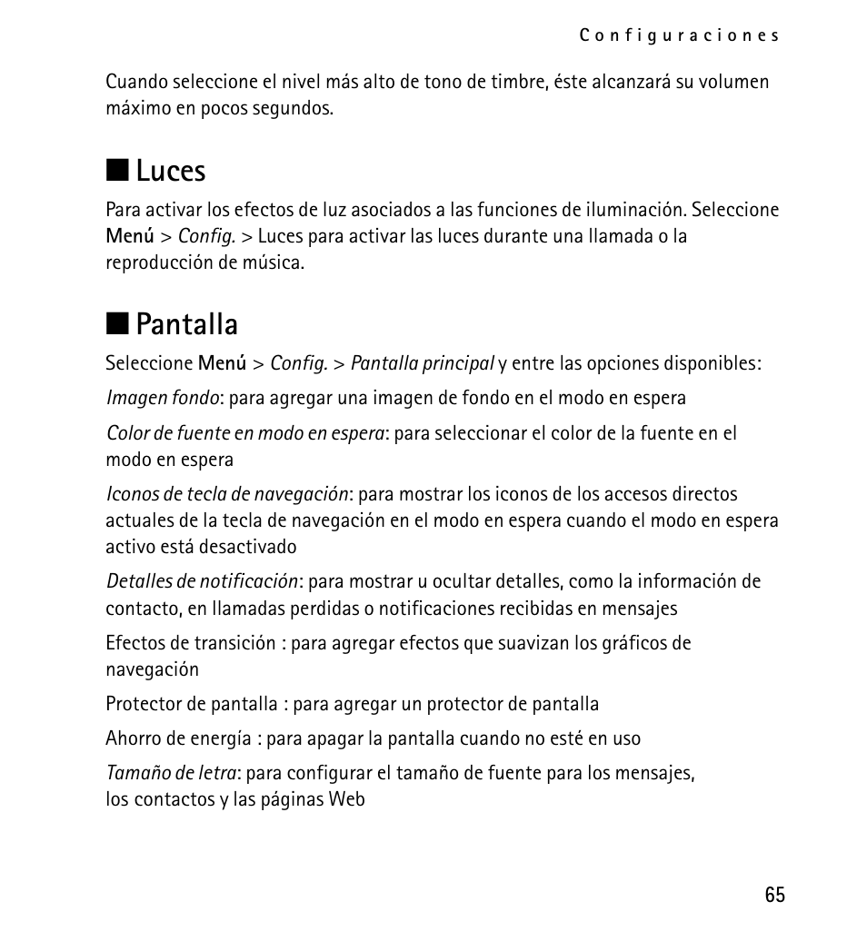 Luces, Pantalla, Luces pantalla | N luces, N pantalla | Nokia 5130 User Manual | Page 147 / 173