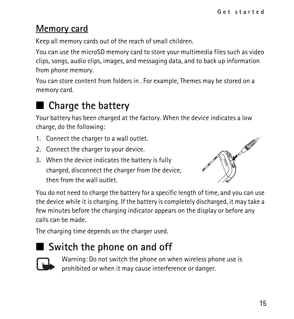 Memory card, Charge the battery, Switch the phone on and off | N charge the battery, N switch the phone on and off | Nokia 5130 User Manual | Page 15 / 173