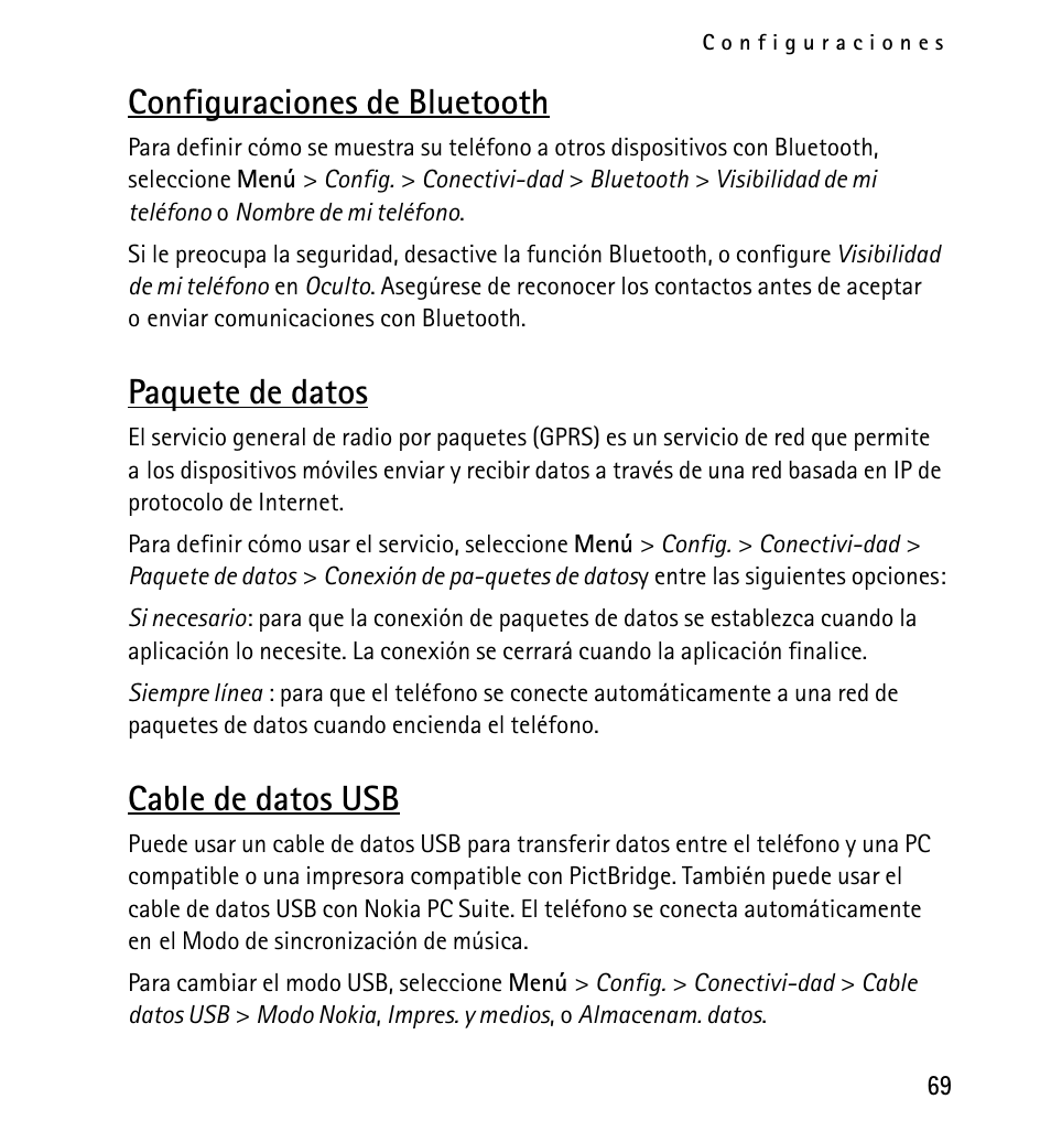 Configuraciones de bluetooth, Paquete de datos, Cable de datos usb | Nokia 5130 User Manual | Page 151 / 173