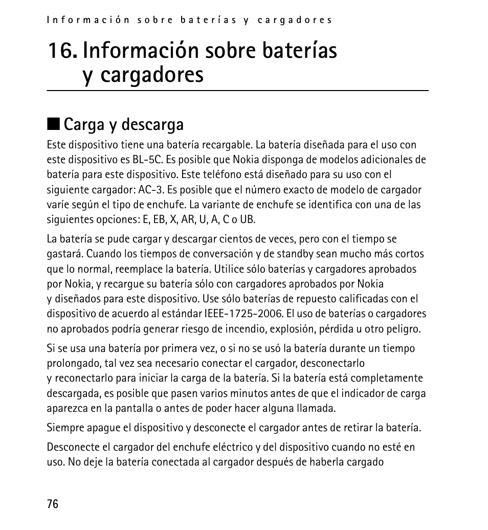 Información sobre baterías ycargadores, Carga y descarga, Información sobre baterías y cargadores | N carga y descarga | Nokia 5130 User Manual | Page 158 / 173