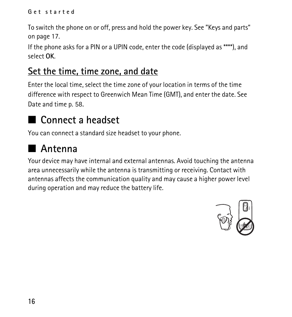 Set the time, time zone, and date, Connect a headset, Antenna | Connect a headset antenna, N connect a headset, N antenna | Nokia 5130 User Manual | Page 16 / 173