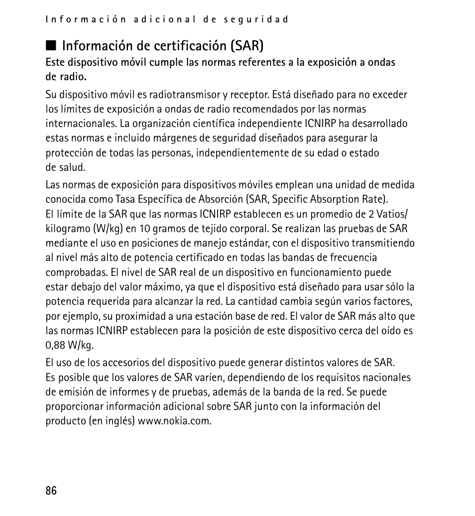 N información de certificación (sar) | Nokia 5130 User Manual | Page 168 / 173