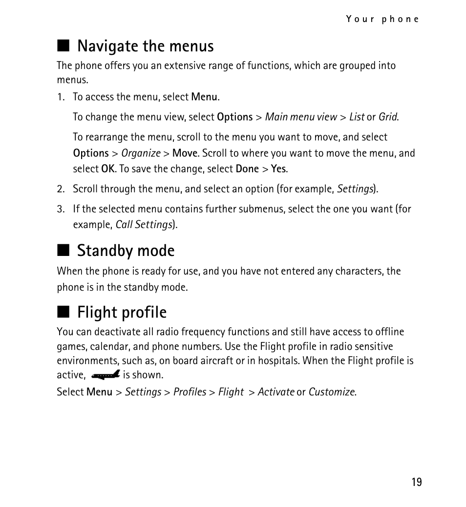 Navigate the menus, Standby mode, Flight profile | Navigate the menus standby mode flight profile, N navigate the menus, N standby mode, N flight profile | Nokia 5130 User Manual | Page 19 / 173