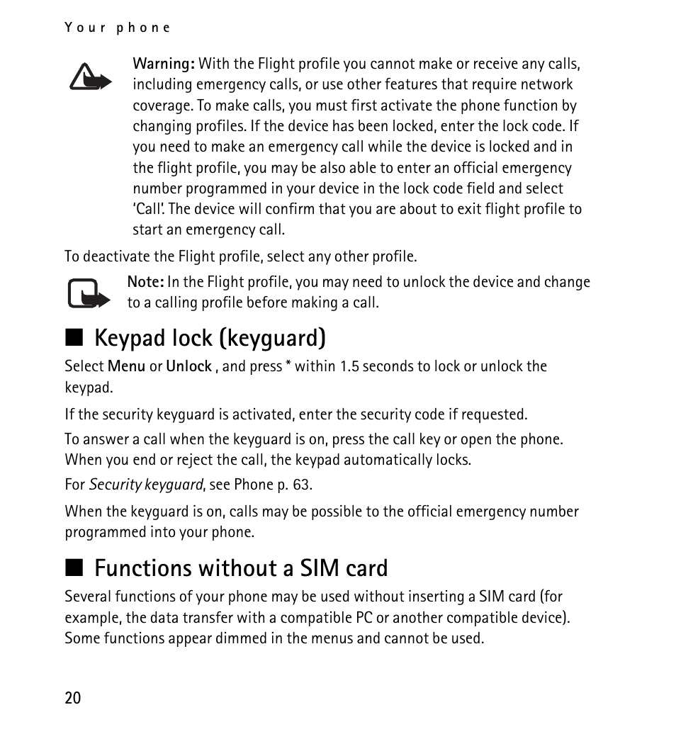 Keypad lock (keyguard), Functions without a sim card, N keypad lock (keyguard) | N functions without a sim card | Nokia 5130 User Manual | Page 20 / 173