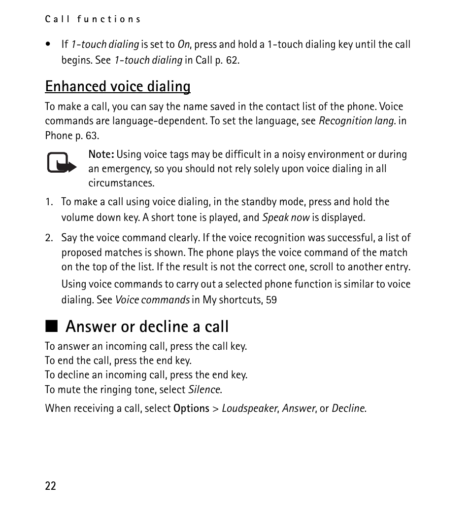 Enhanced voice dialing, Answer or decline a call, N answer or decline a call | Nokia 5130 User Manual | Page 22 / 173