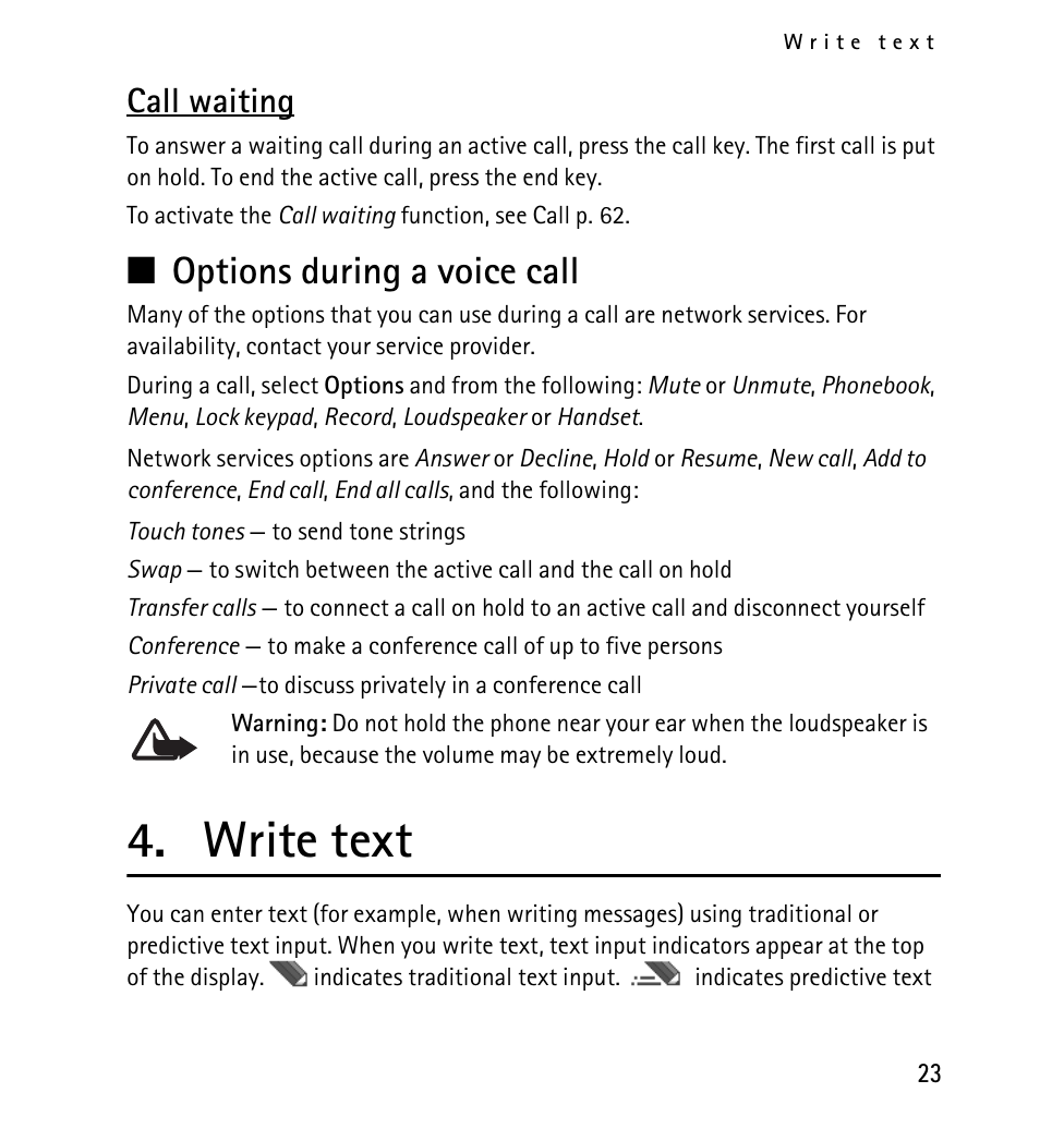 Call waiting, Options during a voice call, Write text | N options during a voice call | Nokia 5130 User Manual | Page 23 / 173