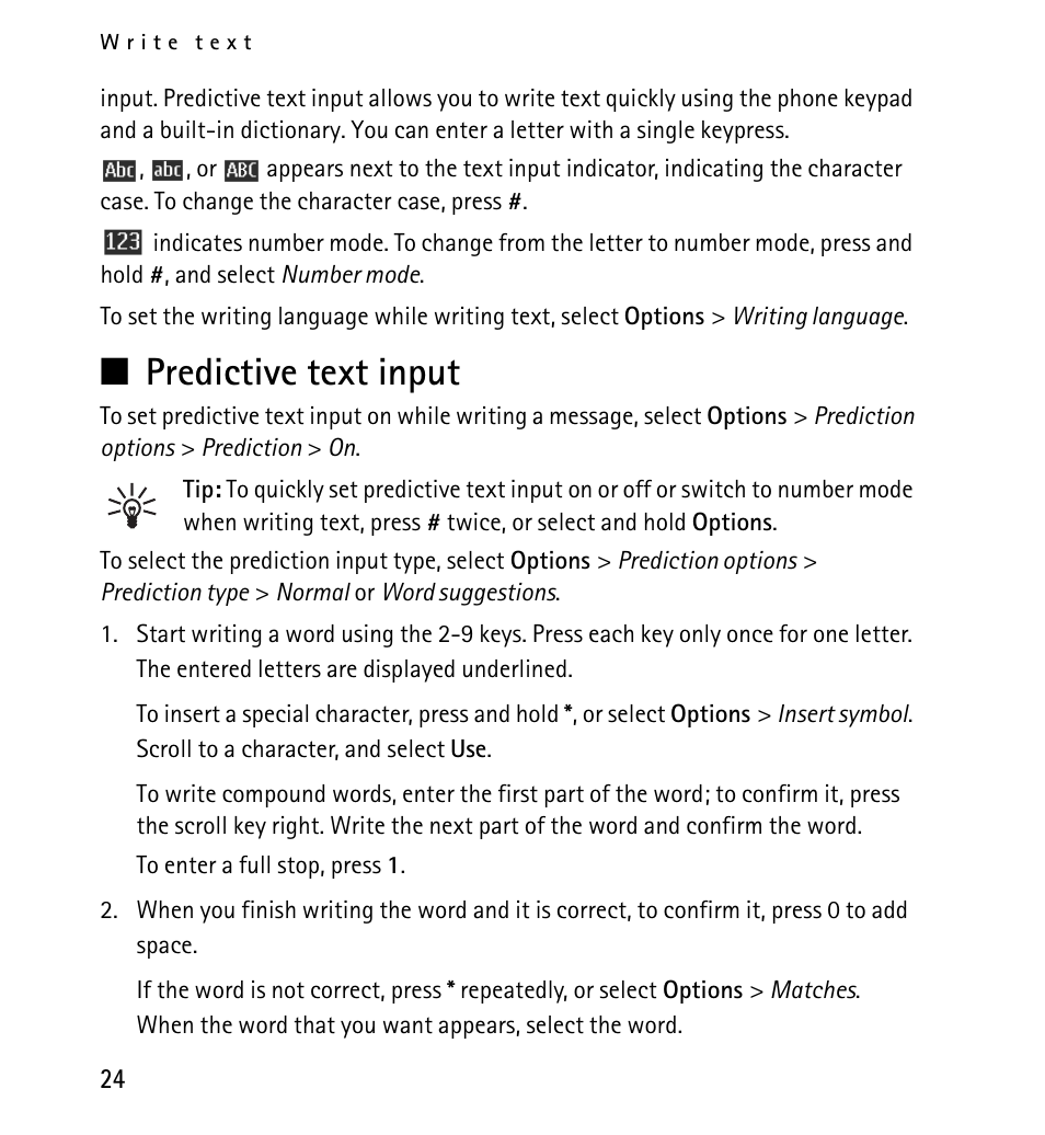 Predictive text input, N predictive text input | Nokia 5130 User Manual | Page 24 / 173