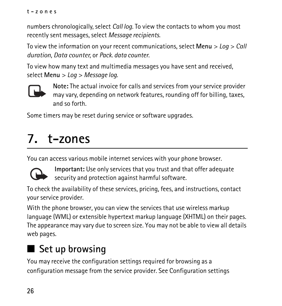 T-zones, Set up browsing, N set up browsing | Nokia 5130 User Manual | Page 26 / 173