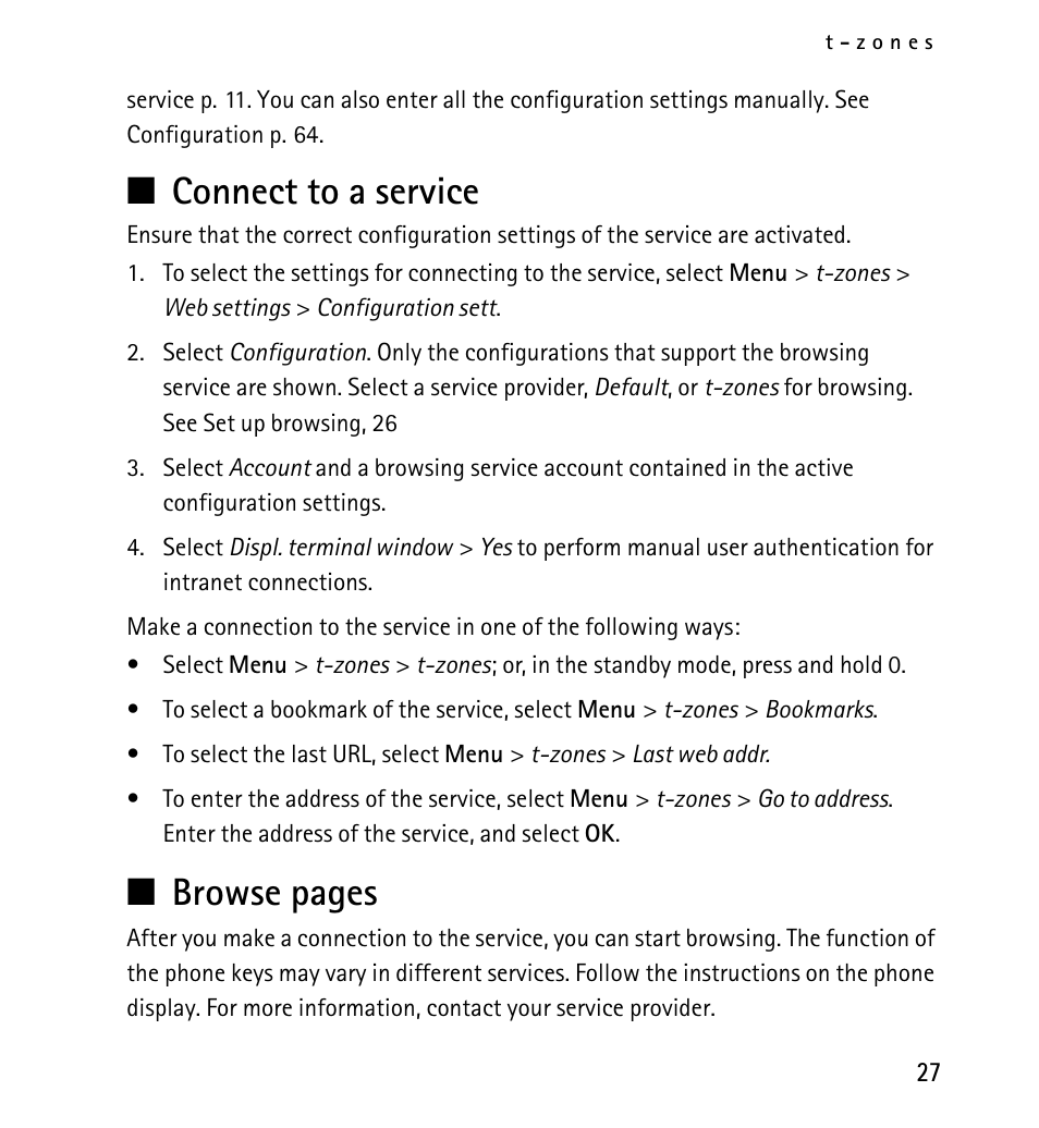 Connect to a service, N connect to a service, N browse pages | Nokia 5130 User Manual | Page 27 / 173