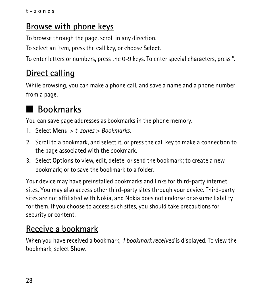 Browse with phone keys, Direct calling, Bookmarks | Receive a bookmark, N bookmarks | Nokia 5130 User Manual | Page 28 / 173