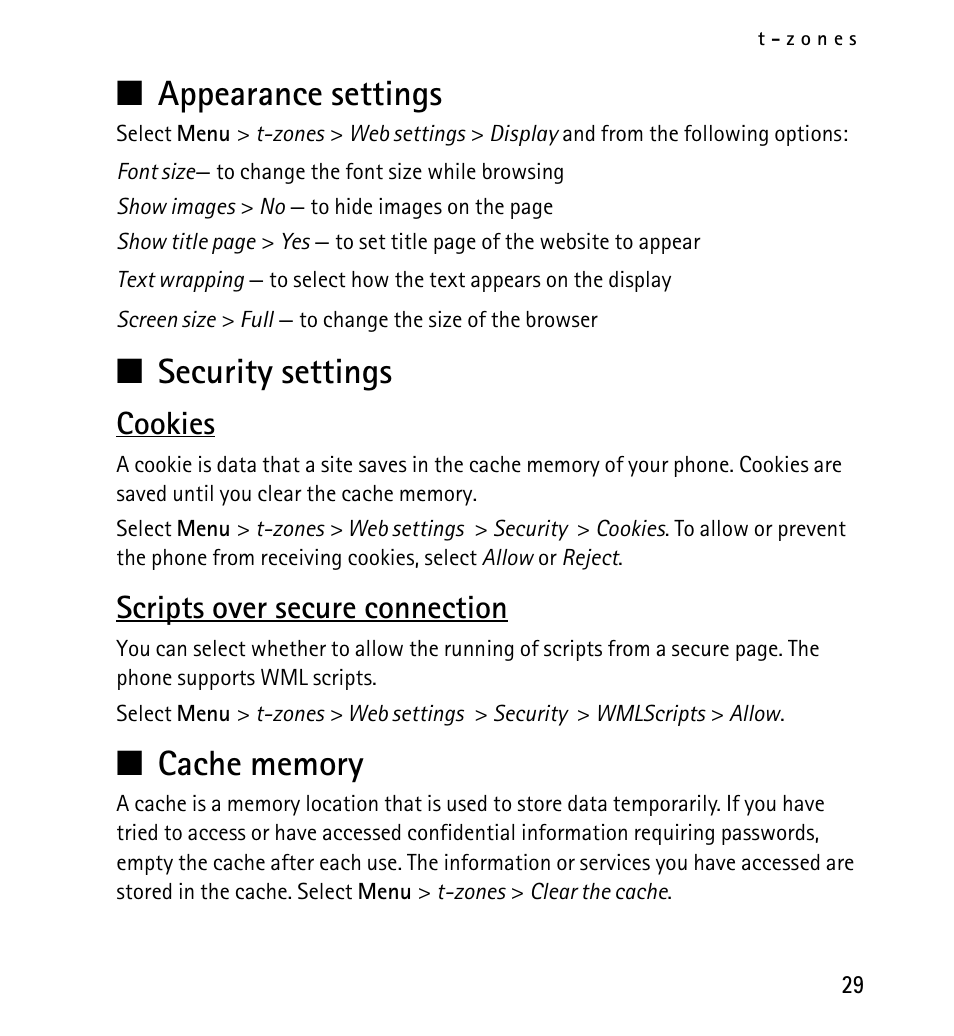 Appearance settings, Security settings, Cookies | Scripts over secure connection, Cache memory, Appearance settings security settings cache memory, N appearance settings, N security settings | Nokia 5130 User Manual | Page 29 / 173