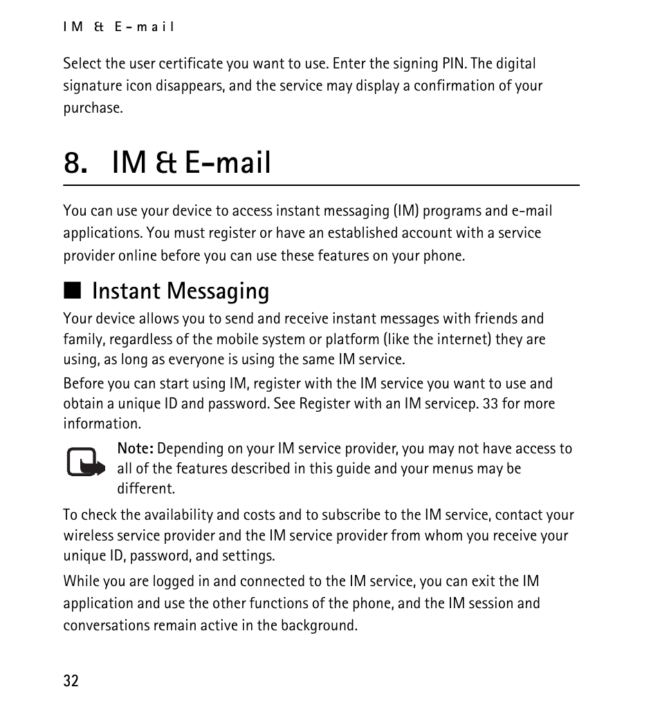 Im & e-mail, Instant messaging, N instant messaging | Nokia 5130 User Manual | Page 32 / 173