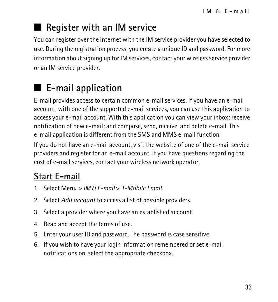 Register with an im service, E-mail application, Start e-mail | Register with an im service e-mail application, N register with an im service, N e-mail application | Nokia 5130 User Manual | Page 33 / 173