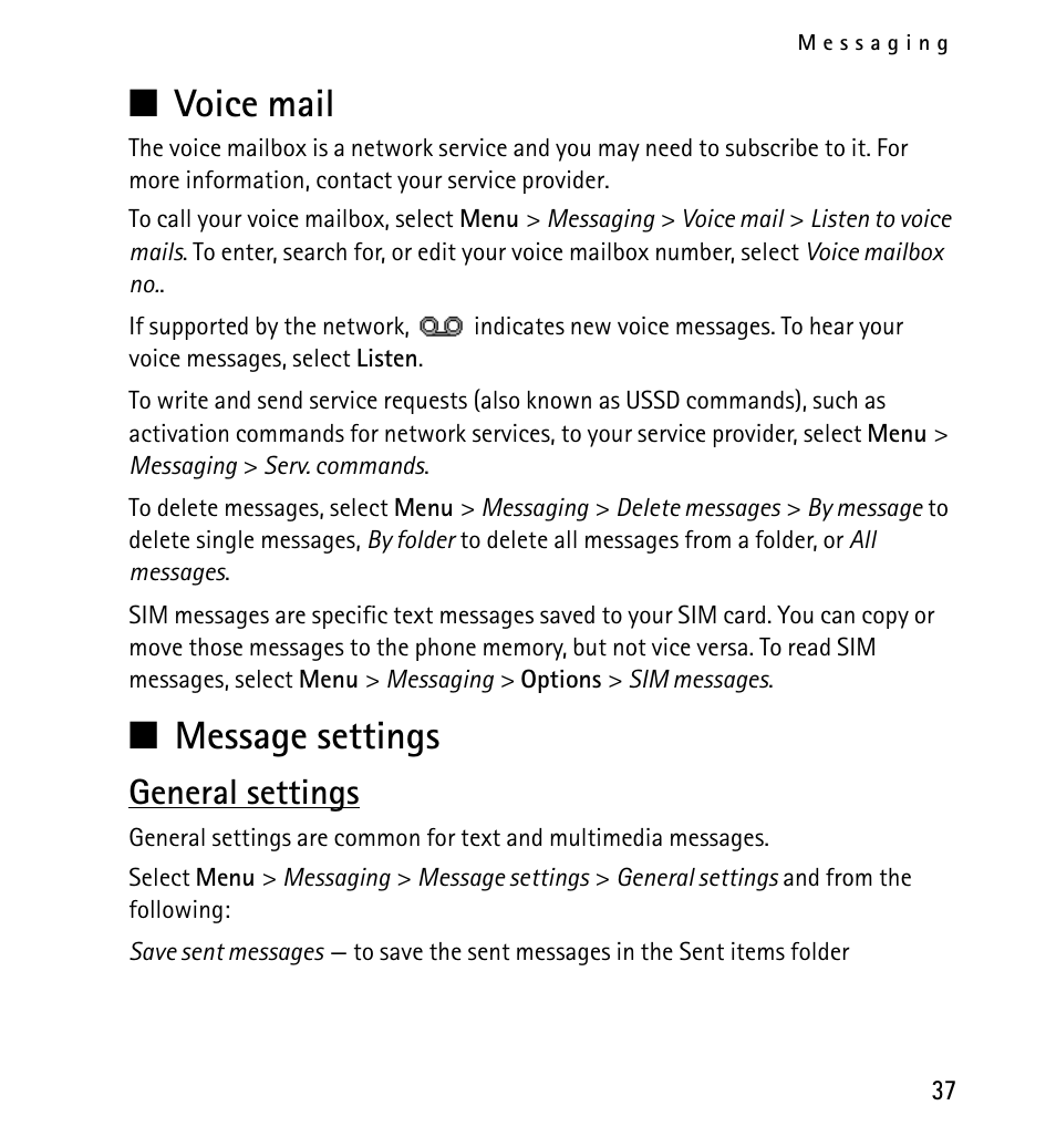 Voice mail, Message settings, General settings | Voice mail message settings, N voice mail, N message settings | Nokia 5130 User Manual | Page 37 / 173