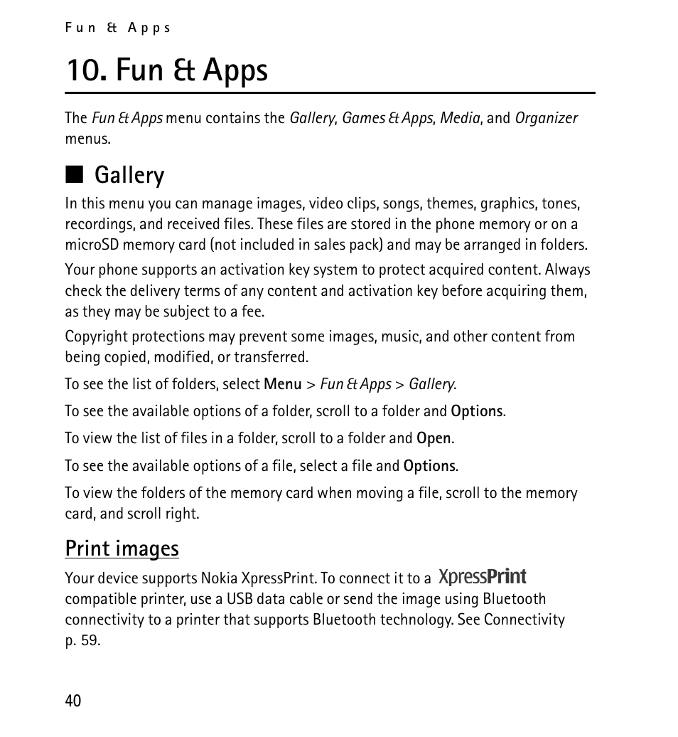 Fun & apps, Gallery, Print images | N gallery | Nokia 5130 User Manual | Page 40 / 173