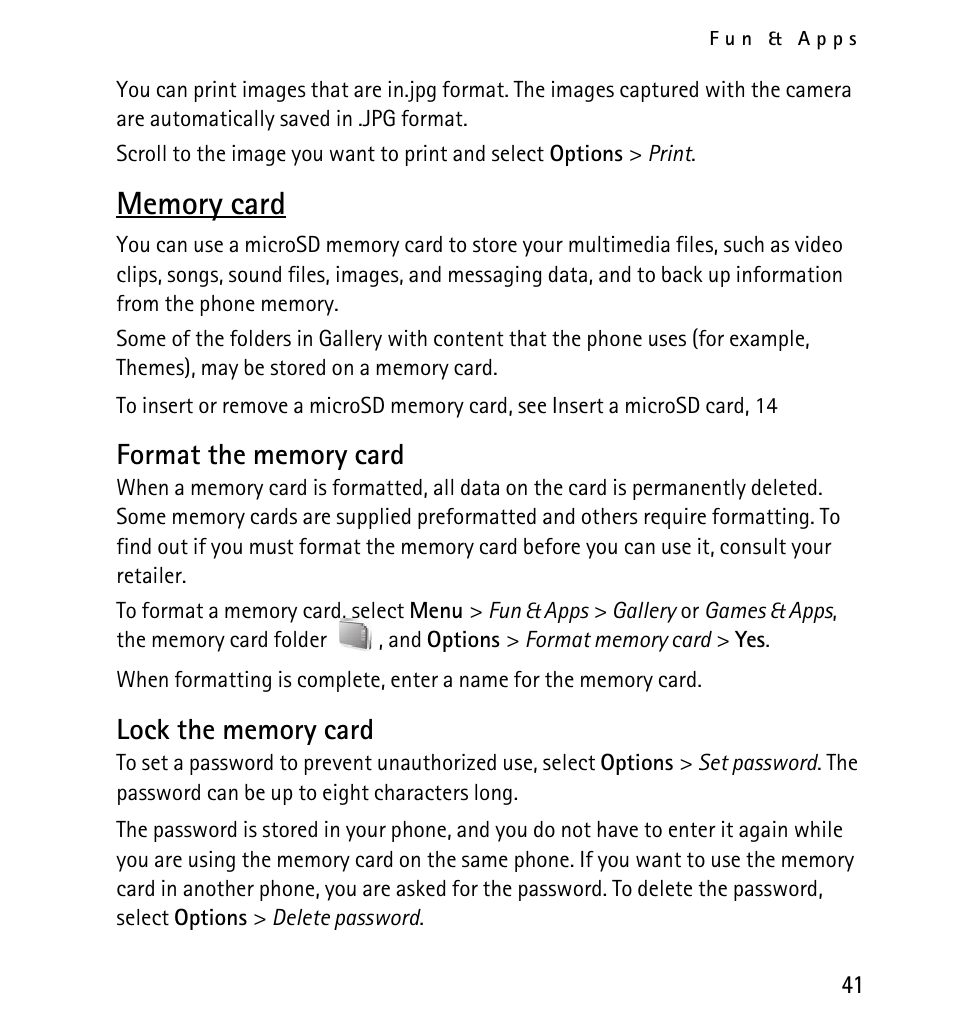 Memory card, Format the memory card, Lock the memory card | Nokia 5130 User Manual | Page 41 / 173