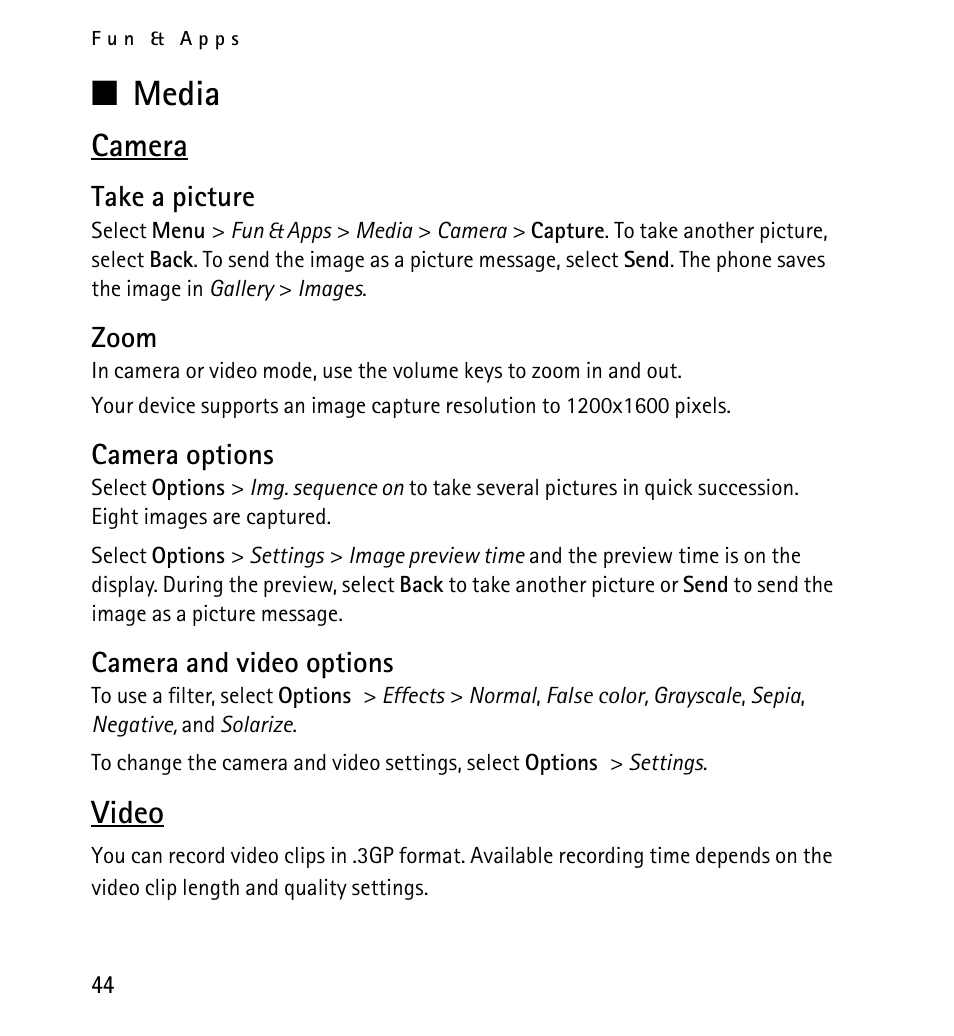 Media, Camera, Take a picture | Zoom, Camera options, Camera and video options, Video, N media | Nokia 5130 User Manual | Page 44 / 173