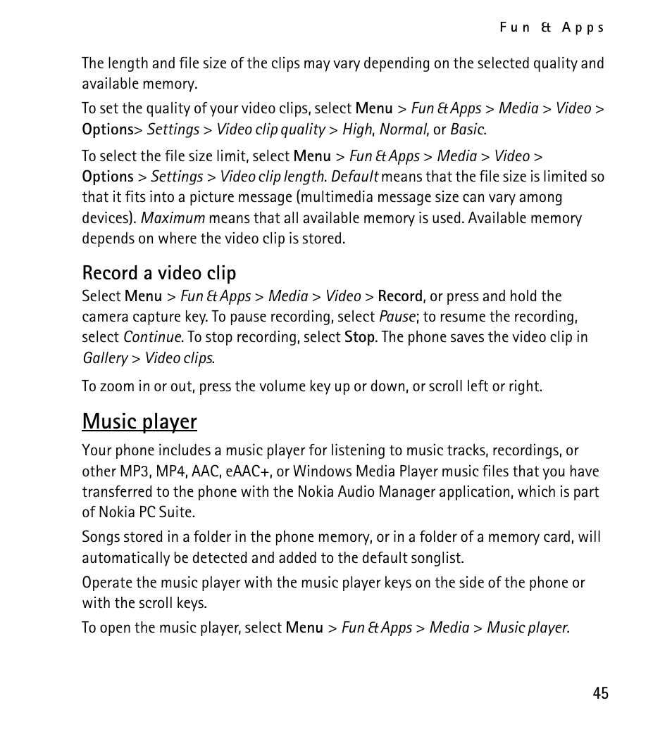 Record a video clip, Music player | Nokia 5130 User Manual | Page 45 / 173