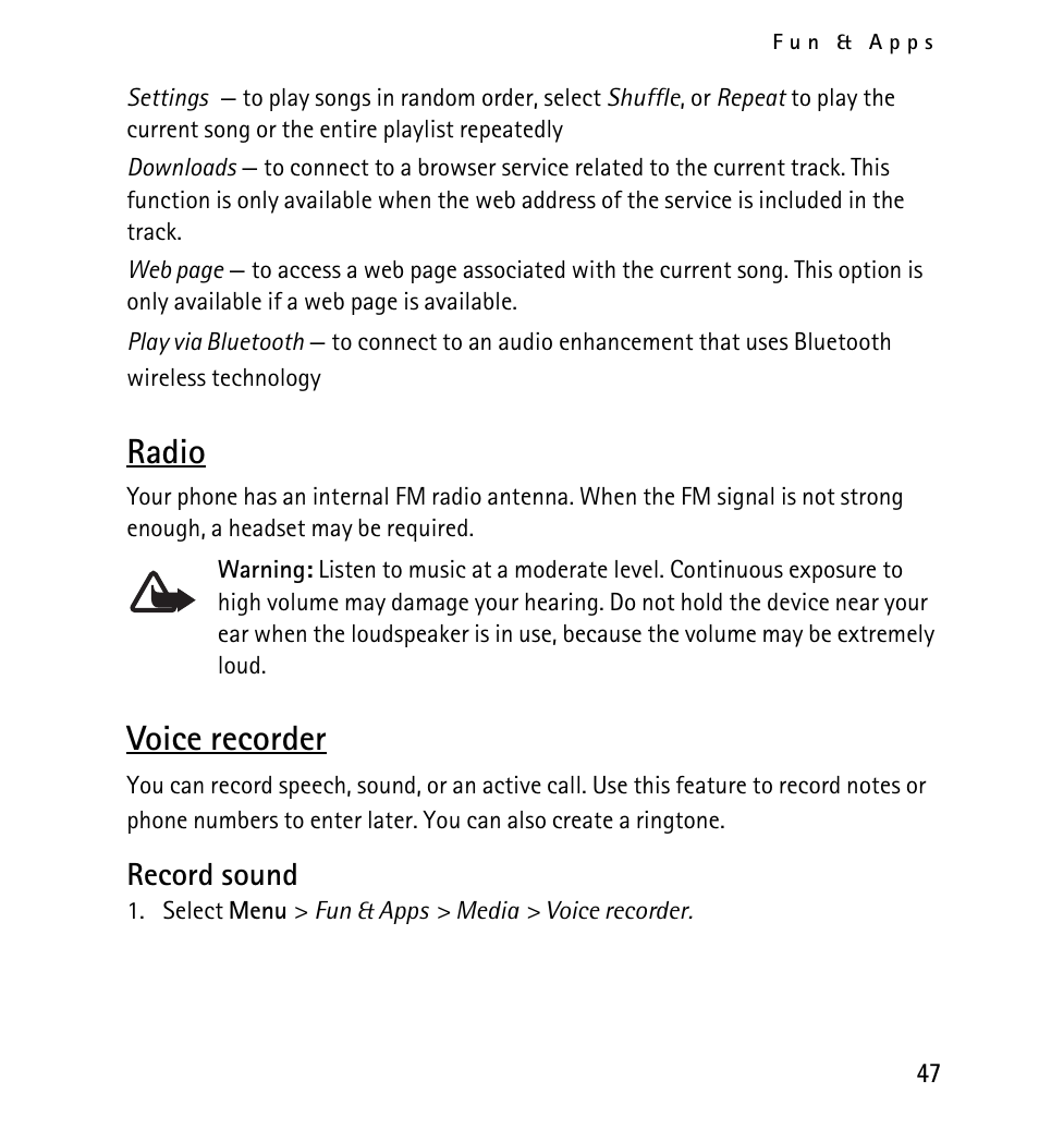 Radio, Voice recorder, Record sound | Nokia 5130 User Manual | Page 47 / 173