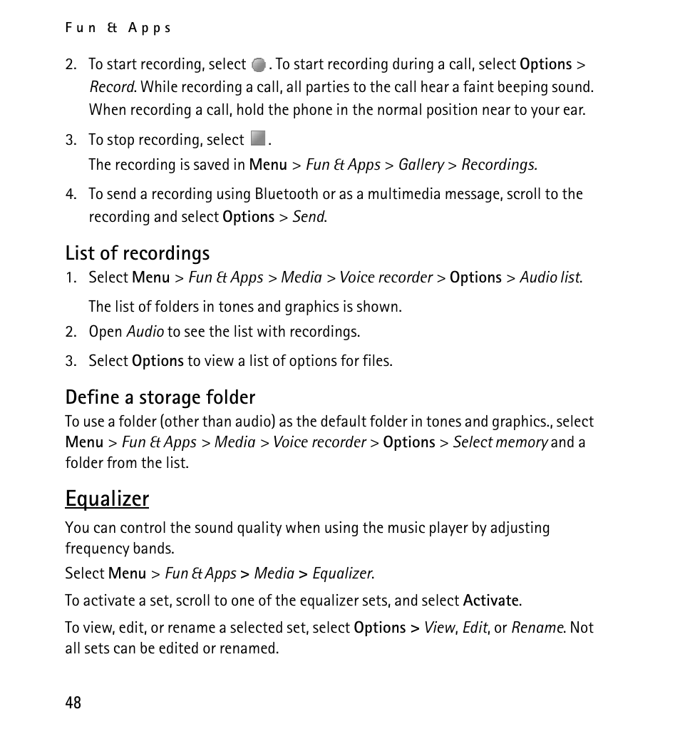 List of recordings, Define a storage folder, Equalizer | Nokia 5130 User Manual | Page 48 / 173