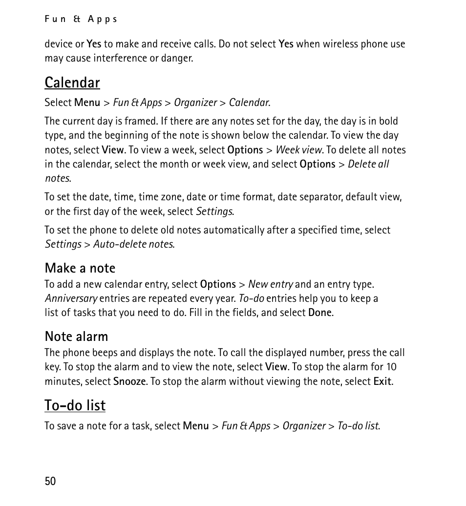 Calendar, Make a note, Note alarm | To-do list | Nokia 5130 User Manual | Page 50 / 173