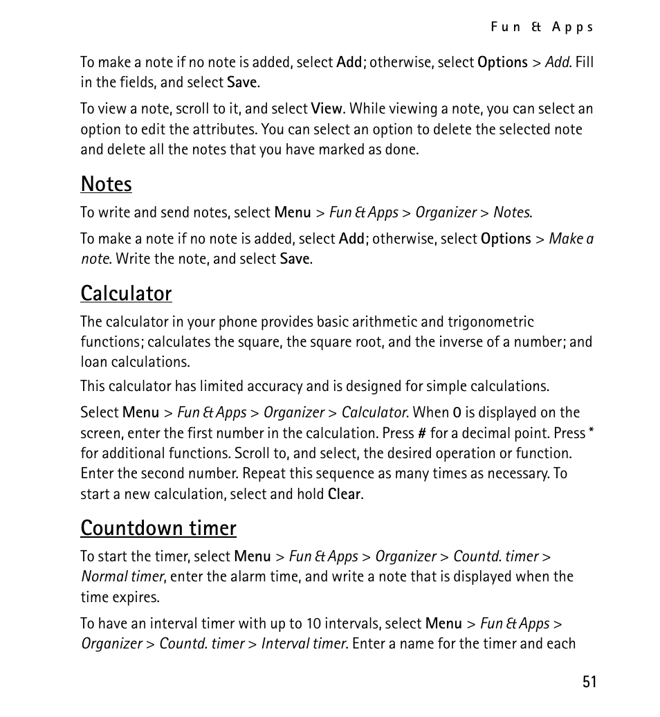 Notes, Calculator, Countdown timer | Nokia 5130 User Manual | Page 51 / 173
