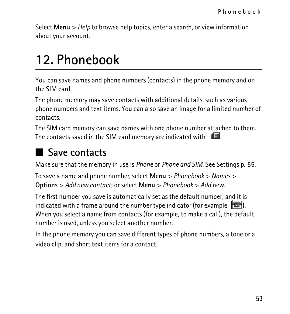 Phonebook, Save contacts, N save contacts | Nokia 5130 User Manual | Page 53 / 173
