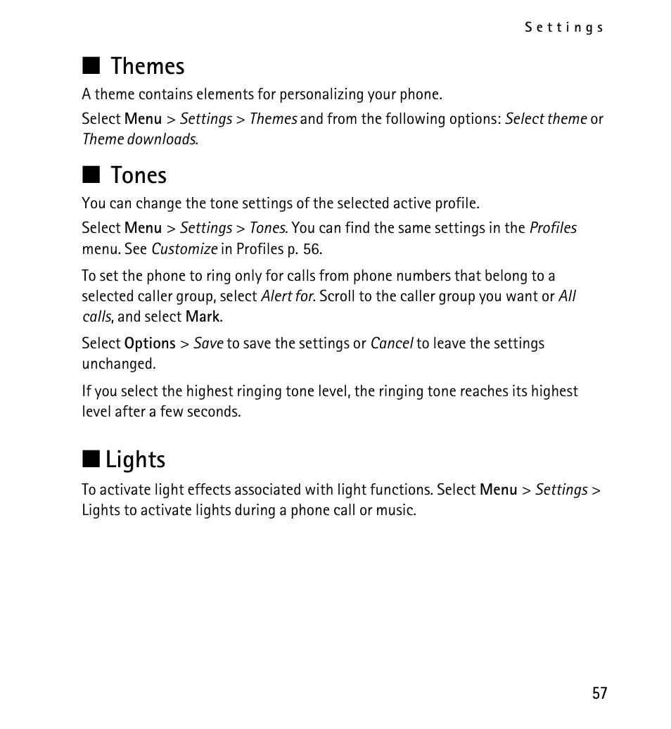 Themes, Tones, Lights | Themes tones lights, N themes, N tones, N lights | Nokia 5130 User Manual | Page 57 / 173