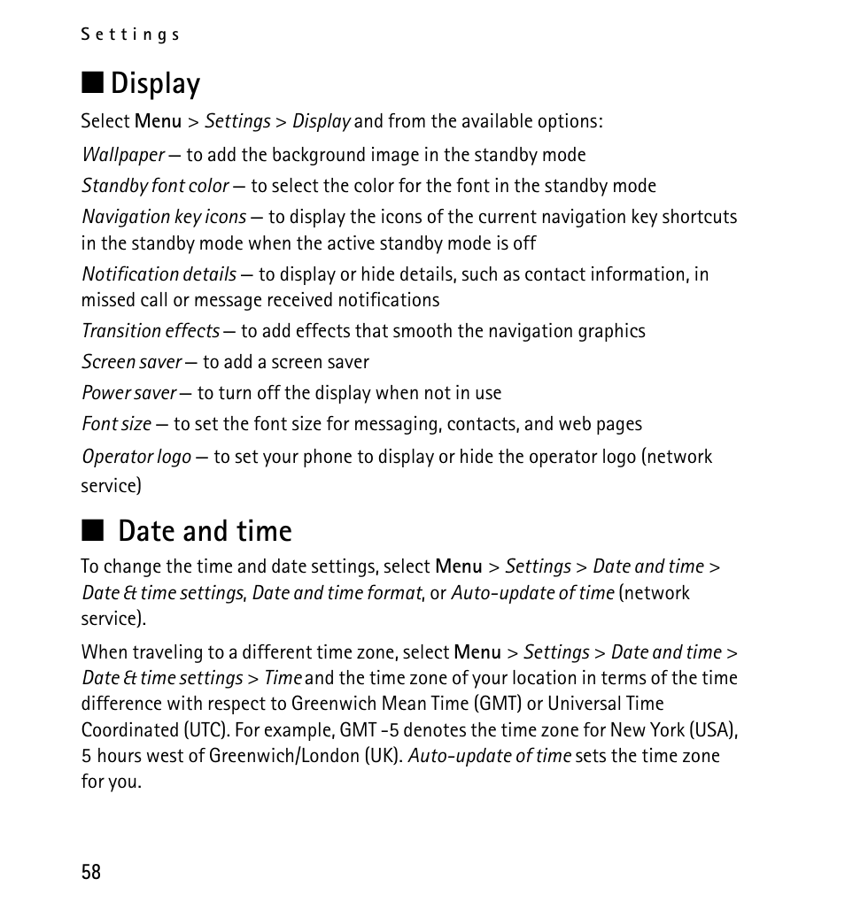 Display, Date and time, Display date and time | N display, N date and time | Nokia 5130 User Manual | Page 58 / 173