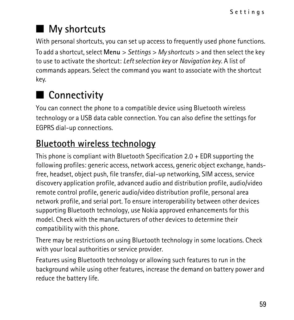 My shortcuts, Connectivity, Bluetooth wireless technology | My shortcuts connectivity, My shortcuts, 59, N my shortcuts, N connectivity | Nokia 5130 User Manual | Page 59 / 173