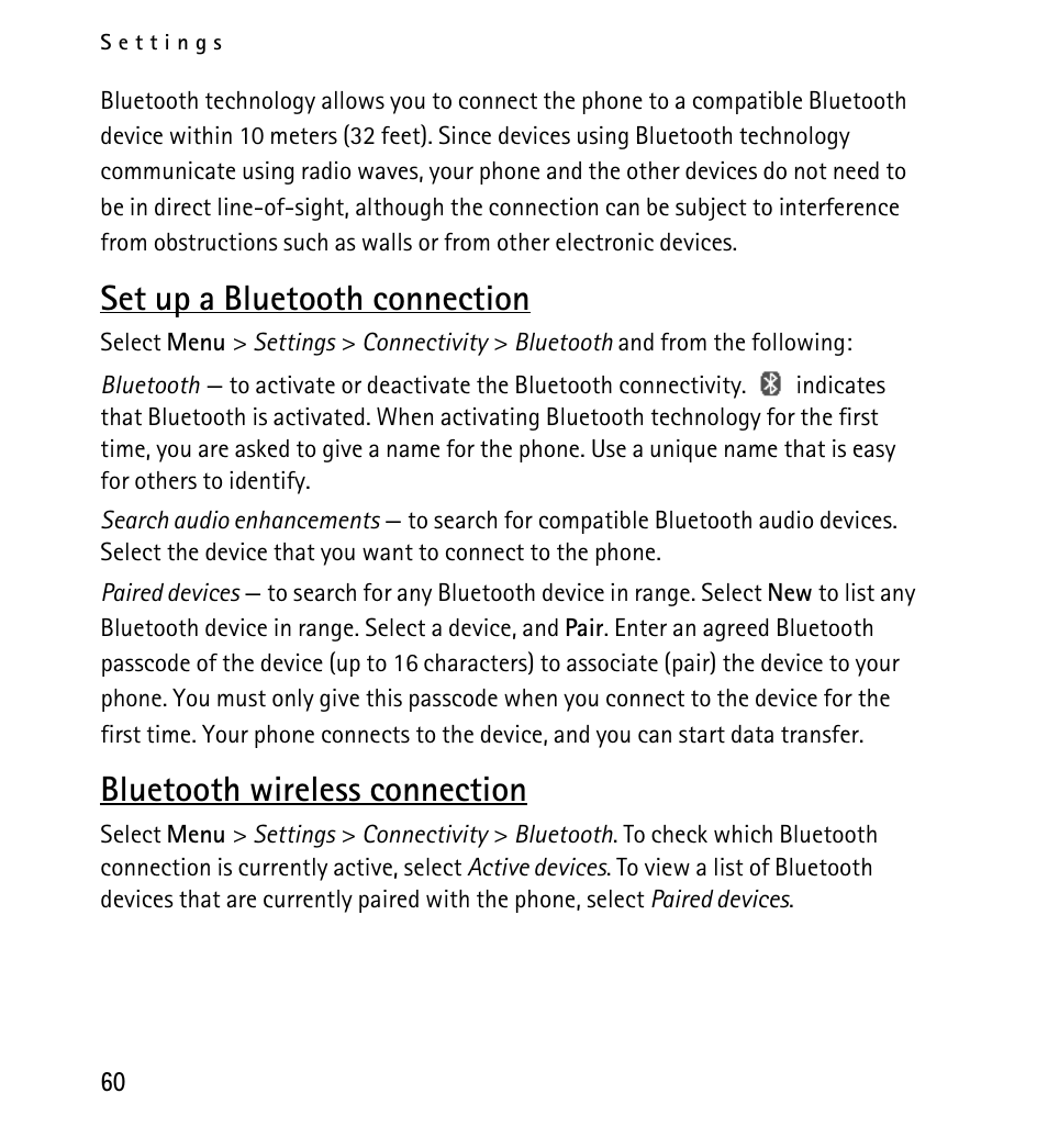 Set up a bluetooth connection, Bluetooth wireless connection | Nokia 5130 User Manual | Page 60 / 173