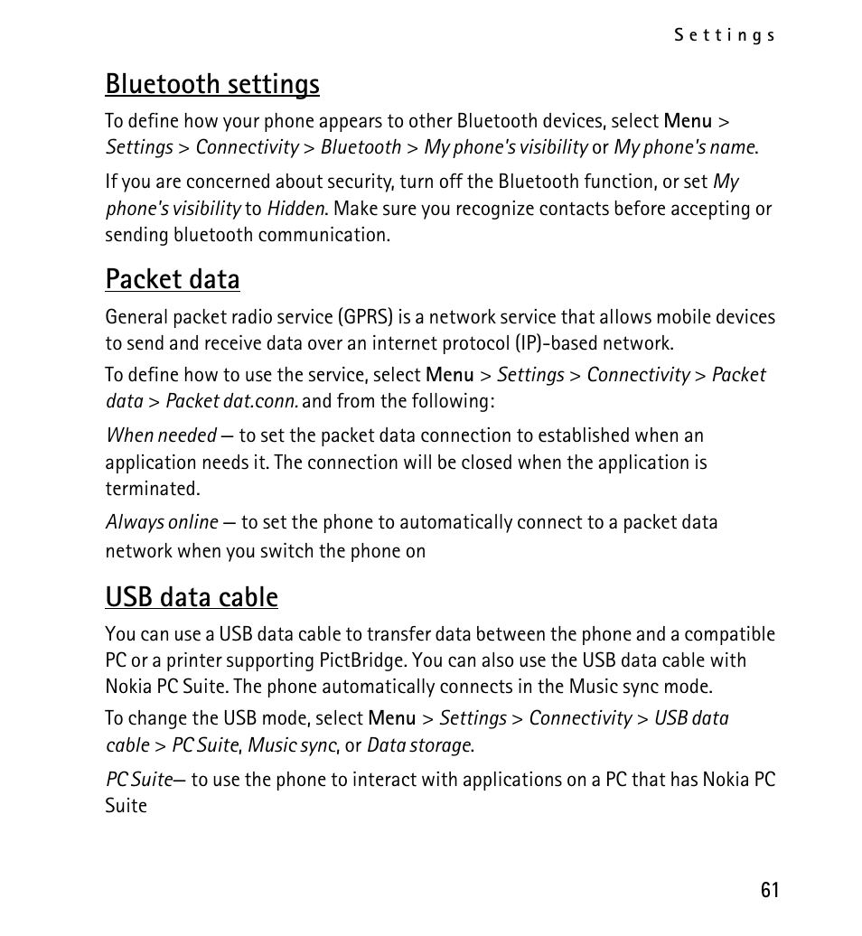 Bluetooth settings, Packet data, Usb data cable | Nokia 5130 User Manual | Page 61 / 173