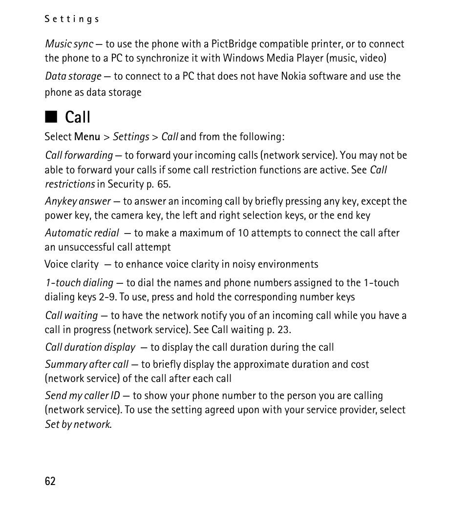 Call, In call, In call p. 62 | N call | Nokia 5130 User Manual | Page 62 / 173