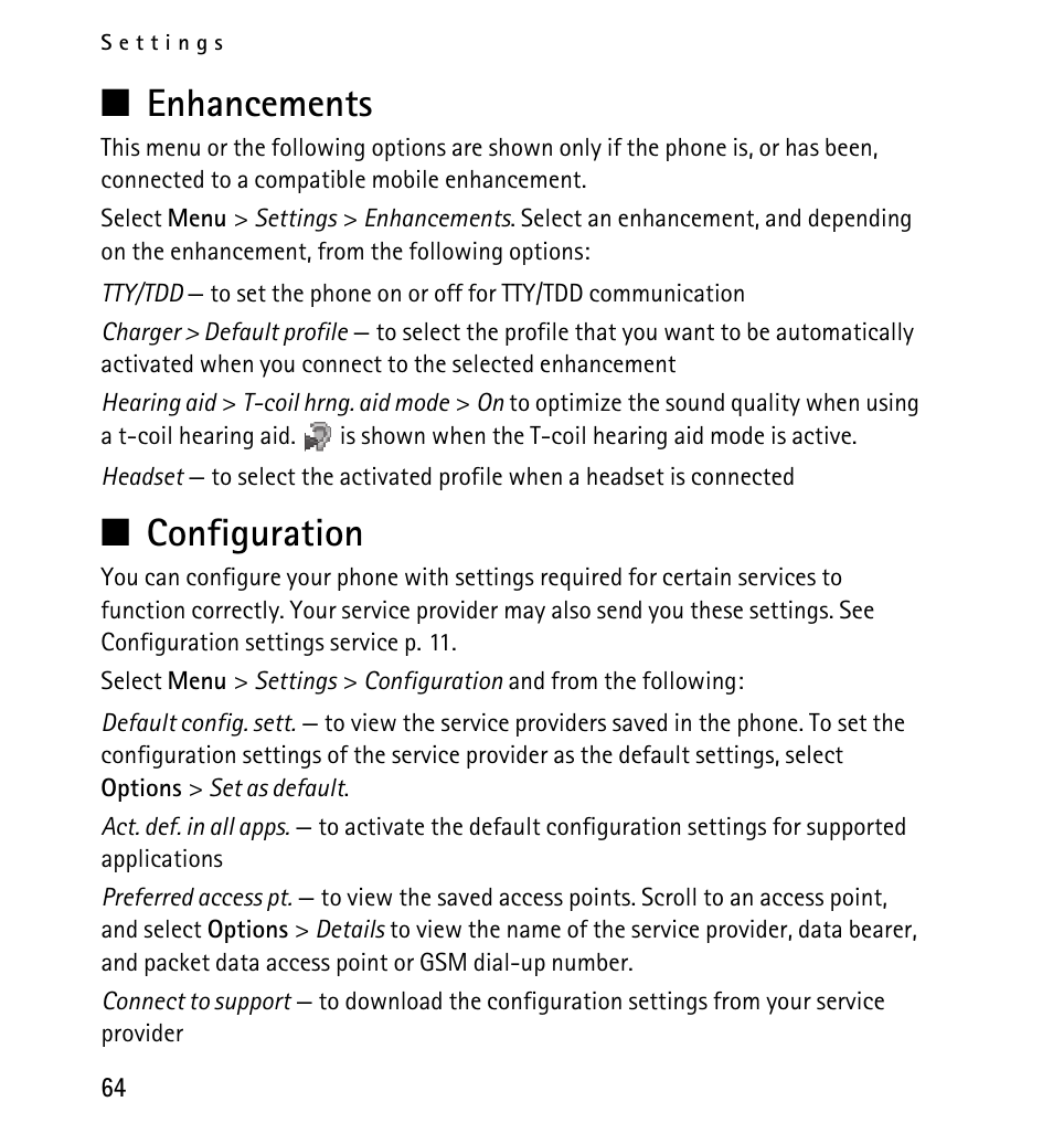 Enhancements, Configuration, Enhancements configuration | N enhancements, N configuration | Nokia 5130 User Manual | Page 64 / 173