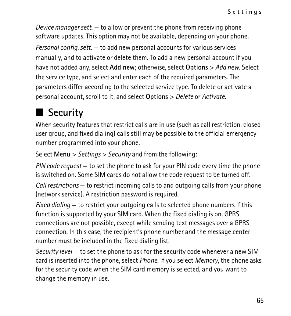 Security, N security | Nokia 5130 User Manual | Page 65 / 173