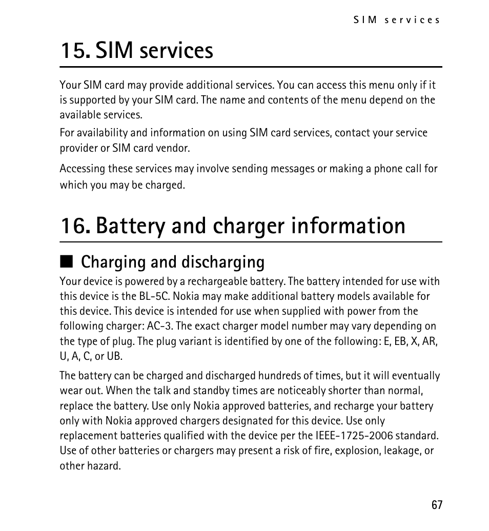 Sim services, Battery and charger information, Charging and discharging | Battery and charger information 67, N charging and discharging | Nokia 5130 User Manual | Page 67 / 173