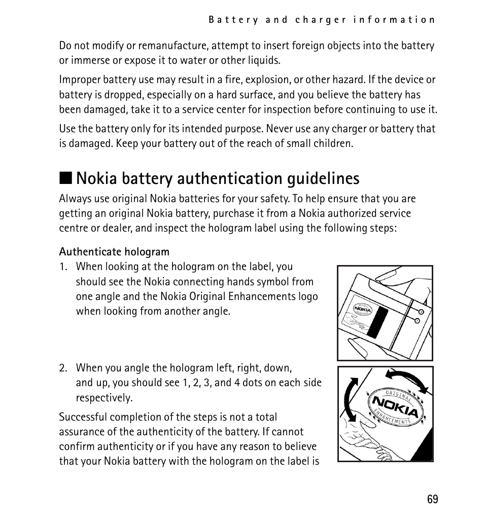 Nokia battery authentication guidelines, N nokia battery authentication guidelines | Nokia 5130 User Manual | Page 69 / 173