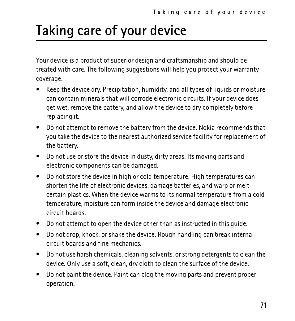 Taking care of your device | Nokia 5130 User Manual | Page 71 / 173