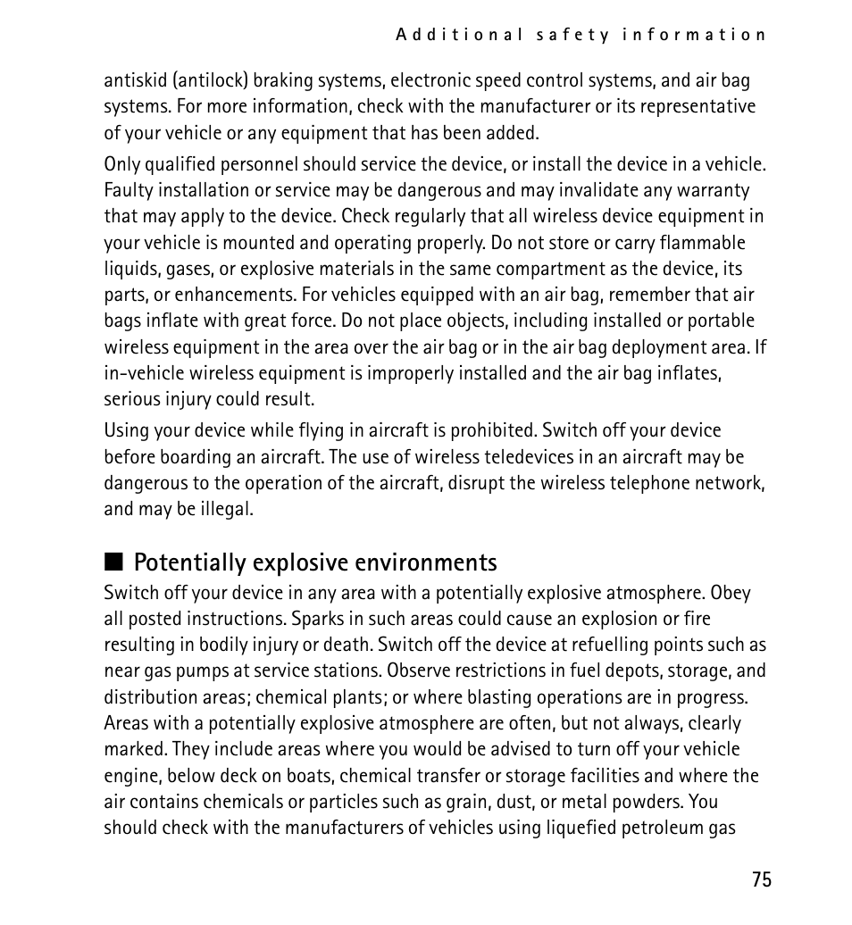 N potentially explosive environments | Nokia 5130 User Manual | Page 75 / 173