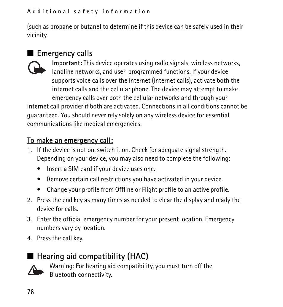 N emergency calls, N hearing aid compatibility (hac) | Nokia 5130 User Manual | Page 76 / 173