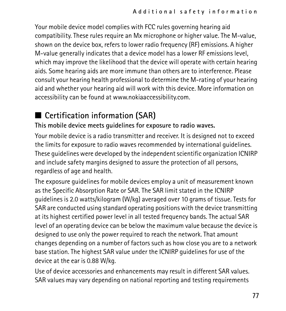 N certification information (sar) | Nokia 5130 User Manual | Page 77 / 173