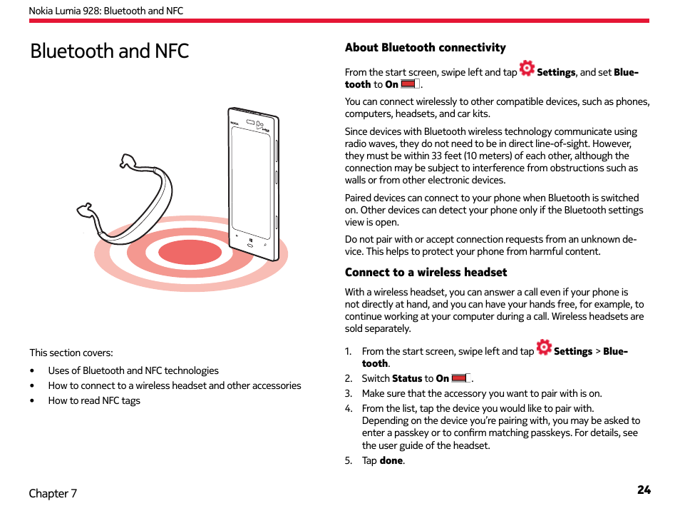Bluetooth and nfc | Nokia Lumia 928 User Manual | Page 25 / 83