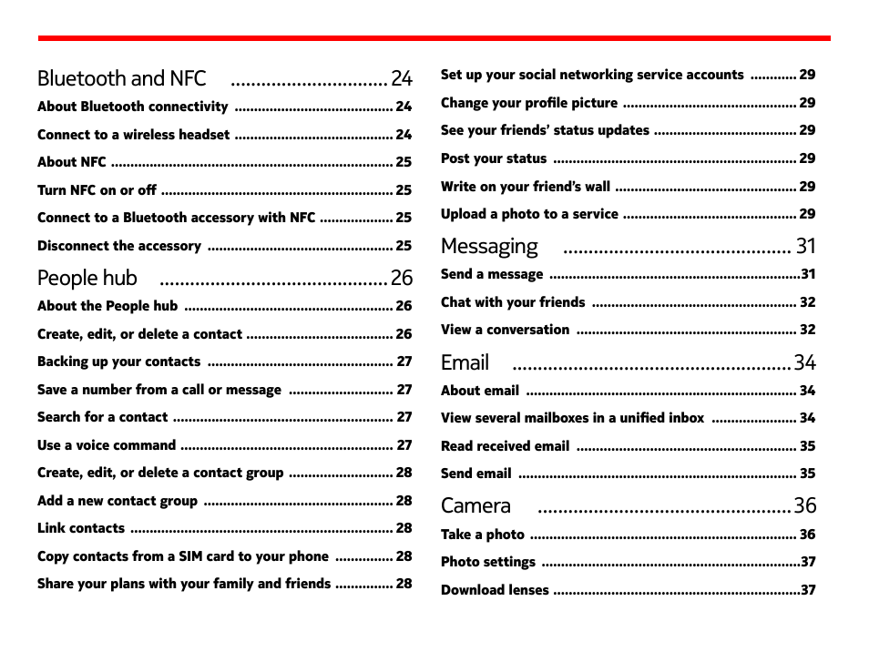 Bluetooth and nfc, People hub, Messaging | Email, Camera | Nokia Lumia 928 User Manual | Page 4 / 83