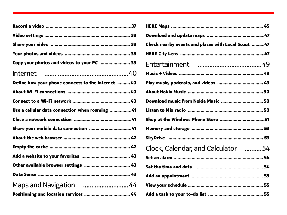 Internet, Maps and navigation, Entertainment | Clock, calendar, and calculator | Nokia Lumia 928 User Manual | Page 5 / 83