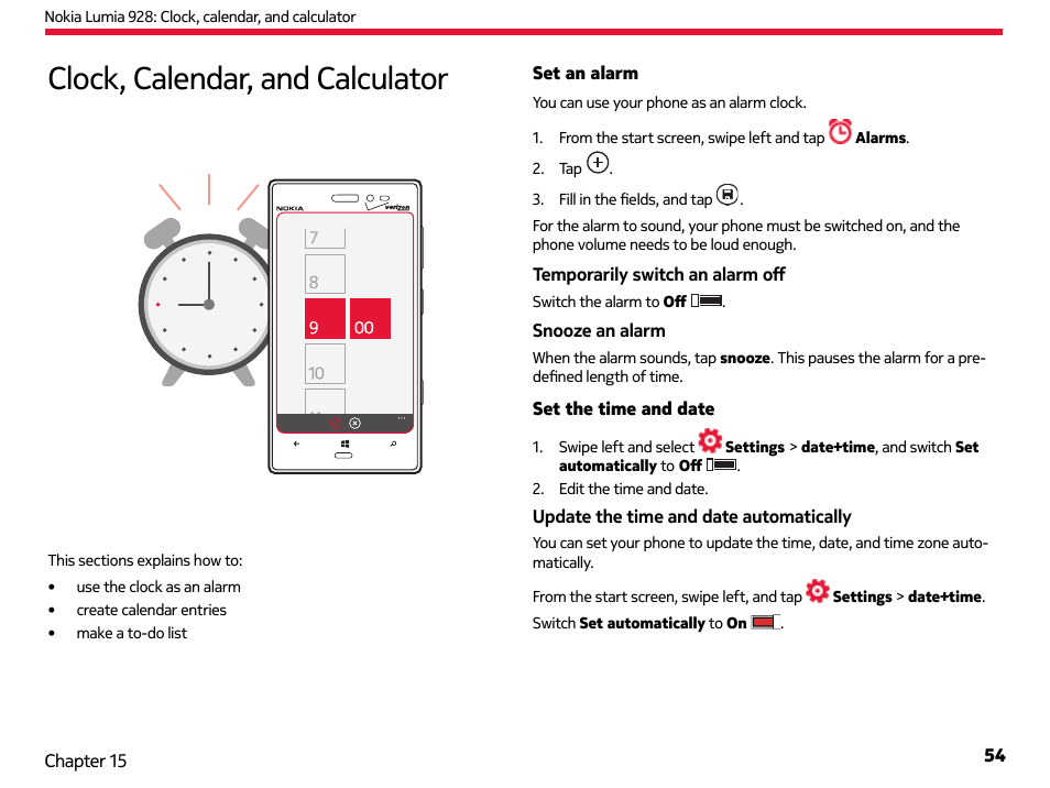 Clock, calendar, and calculator | Nokia Lumia 928 User Manual | Page 55 / 83