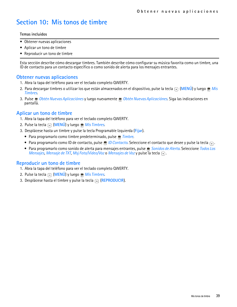 Title - section 10: mis tonos de timbre, Title - obtener nuevas aplicaciones, Title - aplicar un tono de timbre | Title - reproducir un tono de timbre, Section 10: mis tonos de timbre, Obtener nuevas aplicaciones, Aplicar un tono de timbre, Reproducir un tono de timbre | Nokia 7705 Twist User Manual | Page 101 / 125