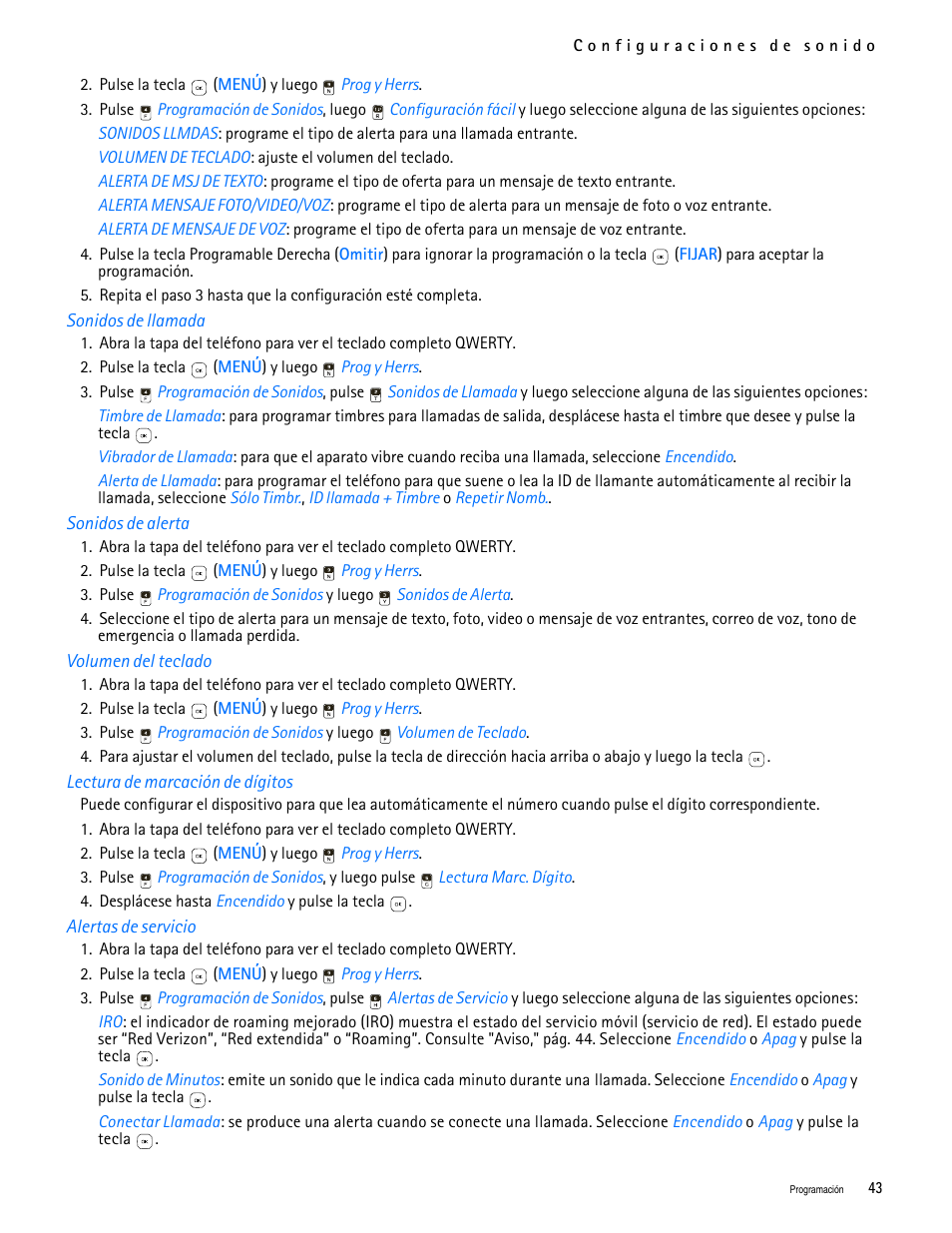 Title - sonidos de llamada, Title - sonidos de alerta, Title - volumen del teclado | Title - lectura de marcación de dígitos, Title - alertas de servicio | Nokia 7705 Twist User Manual | Page 105 / 125