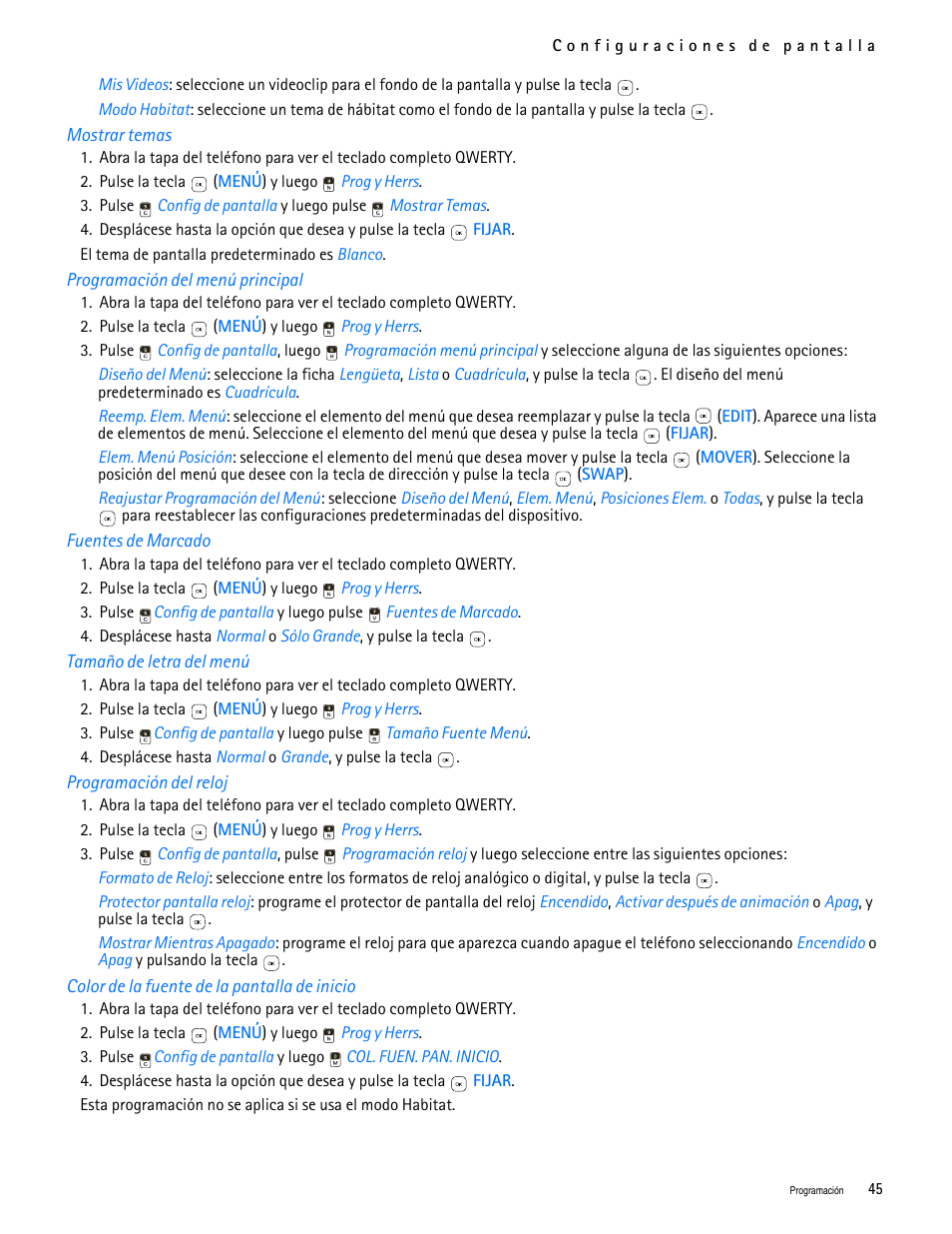 Title - mostrar temas, Title - programación del menú principal, Title - fuentes de marcado | Title - tamaño de letra del menú, Title - programación del reloj | Nokia 7705 Twist User Manual | Page 107 / 125