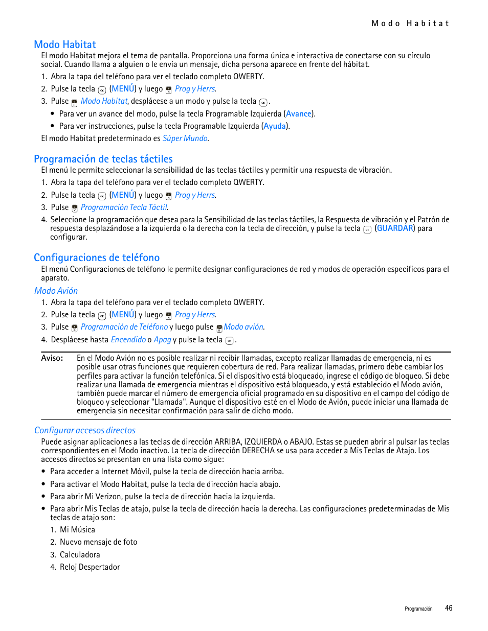 Title - modo habitat, Title - programación de teclas táctiles, Title - configuraciones de teléfono | Title - modo avión, Title - configurar accesos directos, Modo habitat, Programación de teclas táctiles, Configuraciones de teléfono | Nokia 7705 Twist User Manual | Page 108 / 125