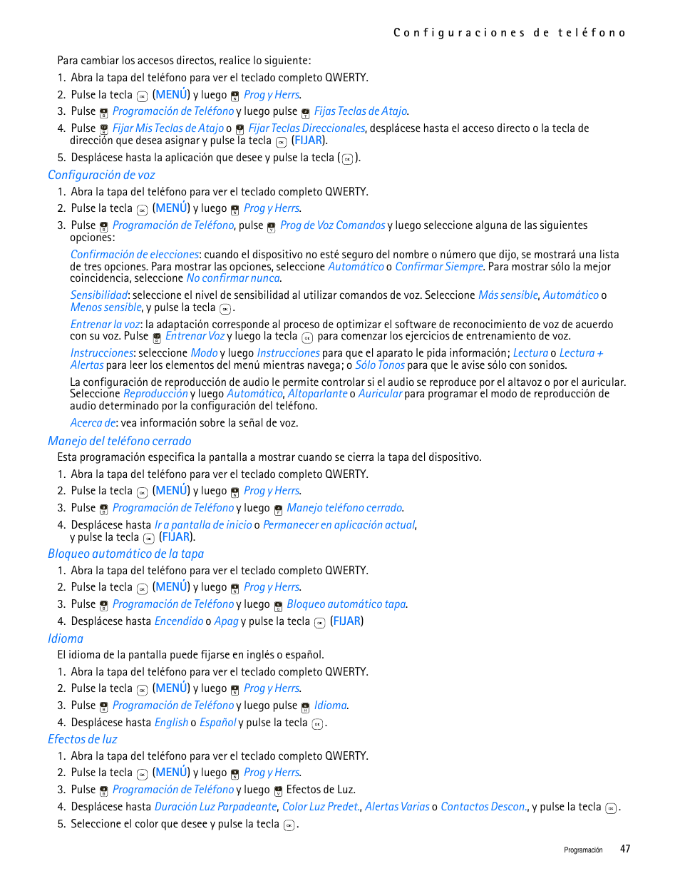 Title - configuración de voz, Title - manejo del teléfono cerrado, Title - bloqueo automático de la tapa | Title - idioma, Title - efectos de luz | Nokia 7705 Twist User Manual | Page 109 / 125